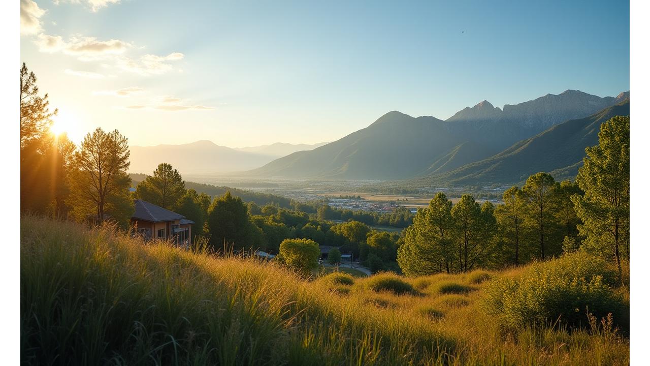 Panoramic view of Boulder, Colorado with mountains, clear sky, and a sense of fresh air and well-being.