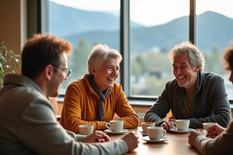 Diverse group of smiling, active adults engaged in a lively conversation over coffee in a bright, modern community space in Boulder, conveying warmth and connection