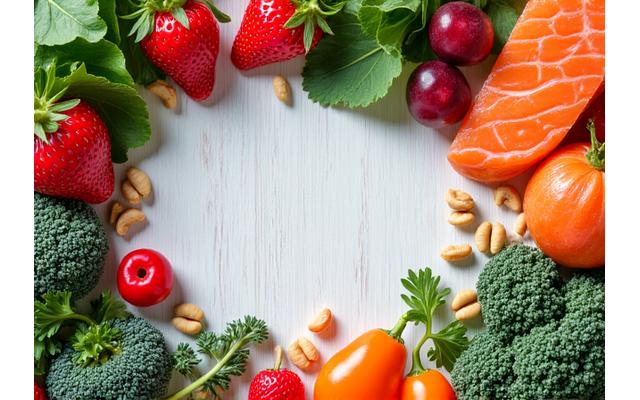 Vibrant, colorful spread of whole foods like berries, leafy greens, nuts, and salmon, emphasizing healthy anti-inflammatory diet