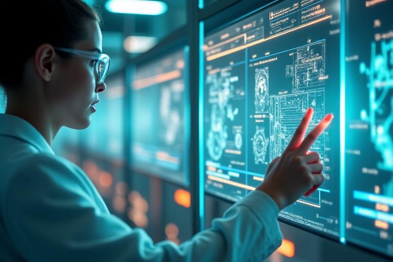 Scientist analyzing biological data on multiple screens, with intertwined DNA helix and cellular structures projected around, symbolizing breakthrough longevity research