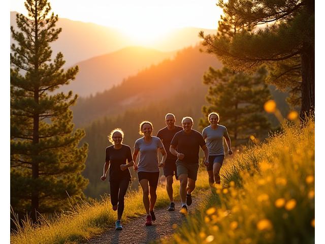 Diverse group of active adults hiking in Boulder's mountains at sunrise, embodying vitality and joy