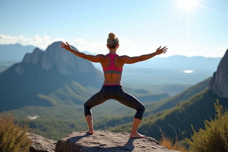 Woman in her 50s gracefully stretching in a yoga pose outdoors with Boulder mountains in the background, symbolizing flexibility and strength