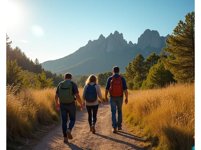Group of friends hiking on a trail with the Boulder Flatirons in the background, symbolizing local outdoor activity and connection.