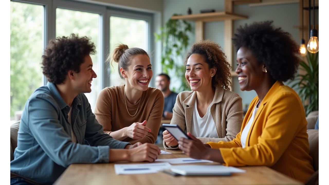 Diverse group of adults smiling and interacting in a bright, natural setting, symbolizing a supportive community.