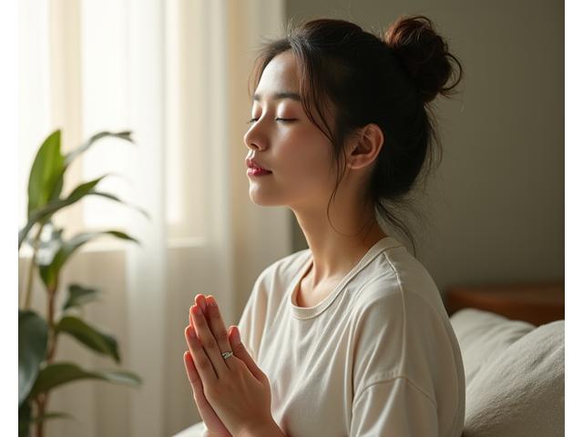 Sarah Chung, Mindfulness Coach, in a serene pose, radiating calm.