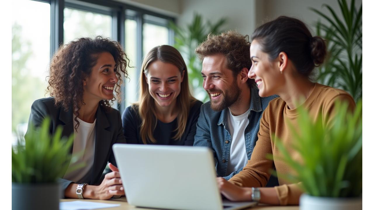 Happy Veridian Bloom support team members collaborating in a modern, light-filled office, smiling and ready to assist clients.