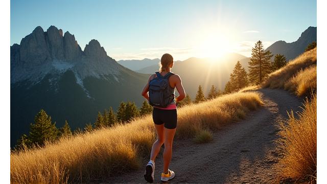 A person hiking on a mountain trail with stunning Boulder Flatirons in the background.