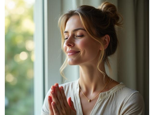 Portrait of Amy Thompson, a thoughtful Caucasian woman practicing mindfulness outdoors.