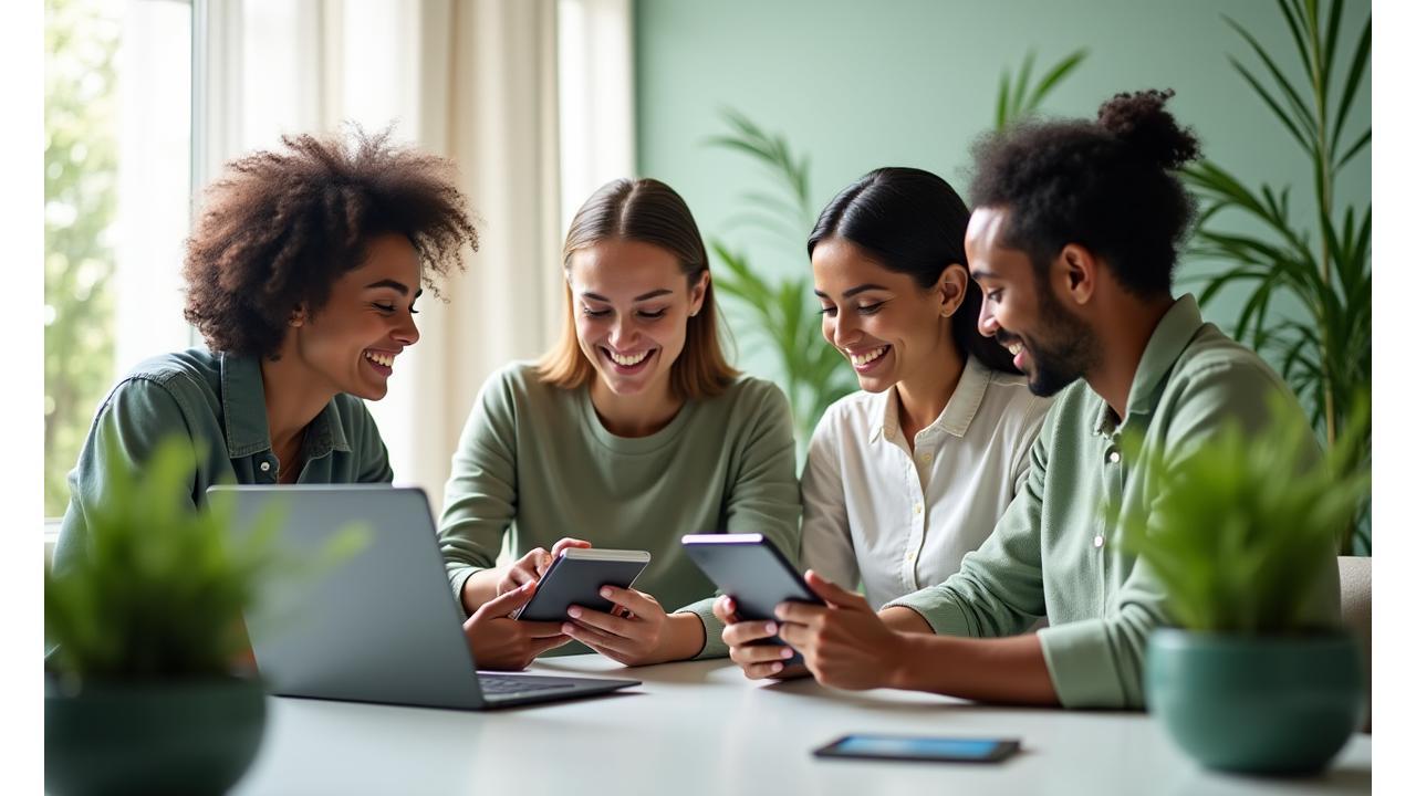 Diverse adults engaging with digital wellness content on tablets and laptops, surrounded by natural elements.