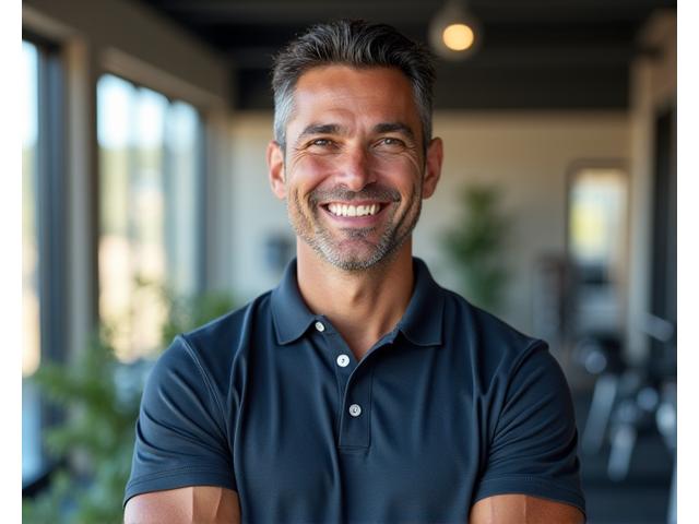 Portrait of Marcus Rodriguez, a fit Hispanic man in athletic wear, smiling confidently.