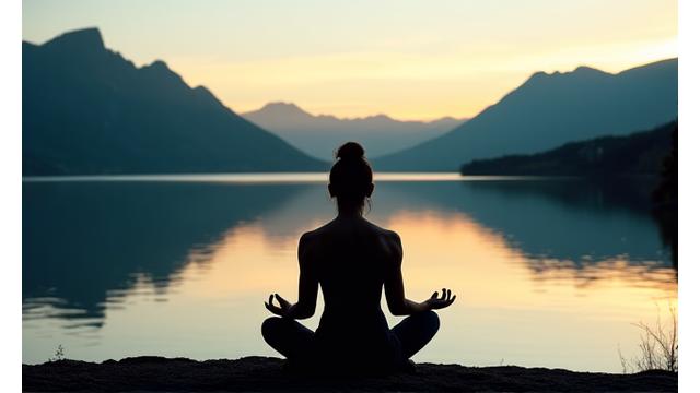 A person meditating peacefully by a tranquil lake surrounded by scenic mountains near Boulder.