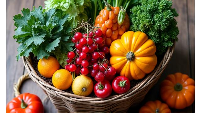 A vibrant basket of fresh, seasonal vegetables and fruits from a local Boulder farmer's market.