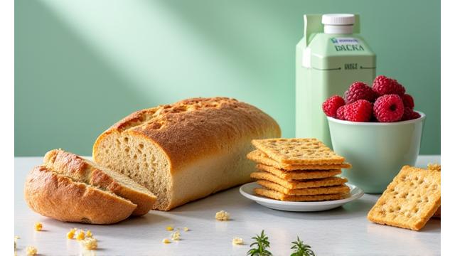 A variety of allergen-free foods like gluten-free bread and dairy-free milk