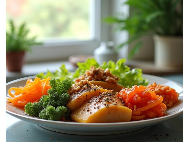 Vibrant plate of healthy food with a symbolic representation of gut flora