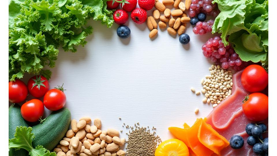 Illustration of various healthy ingredients arranged as a meal plan
