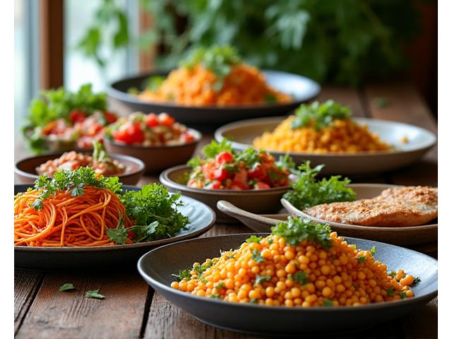 Variety of vibrant, healthy, cooked dishes artfully arranged for a meal