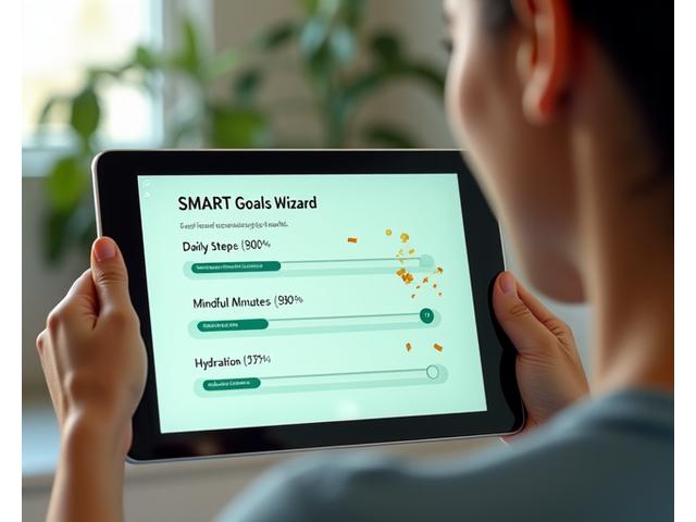 User interface demonstrating SMART goal setting for wellness, with progress bars and celebration animations for achieved milestones.