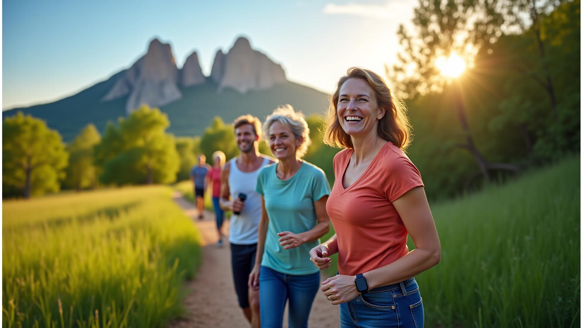 Active, healthy adults enjoying scenic Boulder, Colorado landscape, blending nature with modern wellness tech.