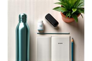 Illustration of various wellness tools like a water bottle, fitness tracker, and journal, on a clean background.