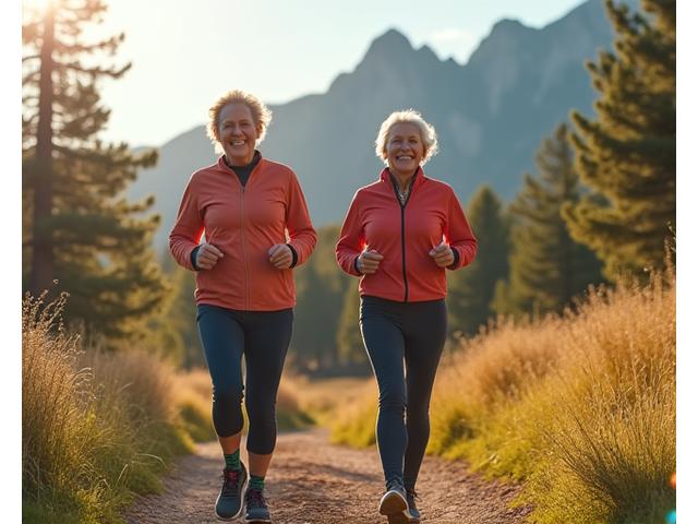 Vibrant older adults hiking outdoors in Boulder, laughing, showing agility and vitality.