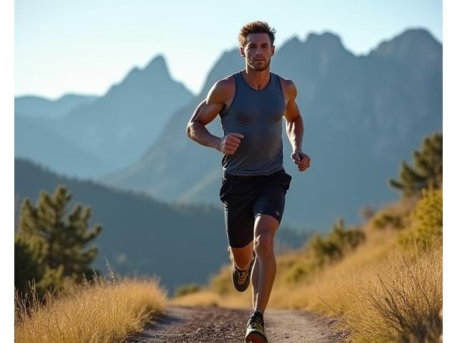 Man jogging on a mountain trail near Boulder, looking strong and focused, with a scenic backdrop.