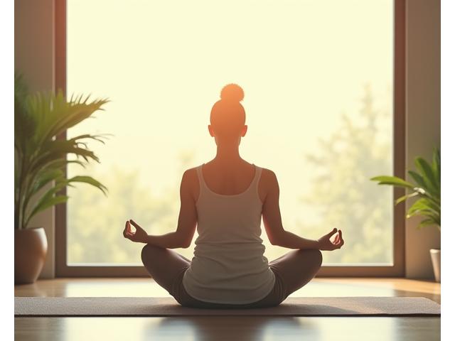 Person meditating peacefully on a yoga mat with soft, diffused sunlight through a window, emphasizing tranquility.