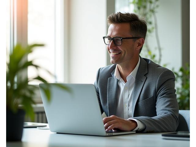 Man confidently working on a laptop at a modern, bright office desk with natural light, representing career fulfillment and balance.