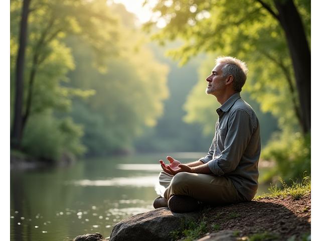 Man practicing mindfulness meditation in a peaceful, natural outdoor setting.