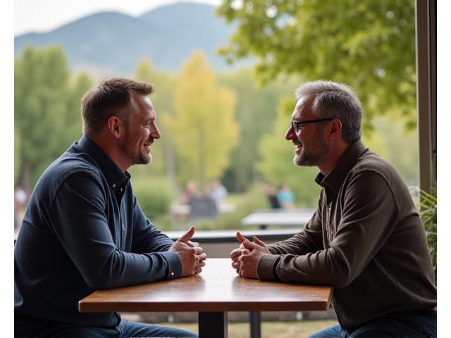 Two men engaged in meaningful conversation over coffee, demonstrating strong male friendship.