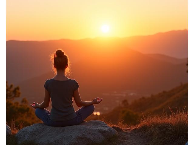 Woman meditating calmly on a mountaintop at sunset with Boulder's flatirons in the background, symbolizing peace and resilience in nature.