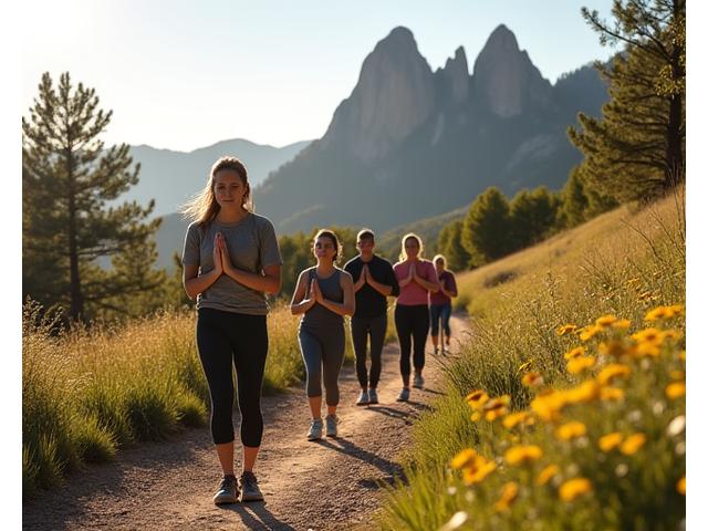 Diverse group of Boulder adults practicing mindful walking on a scenic trail in the foothills.