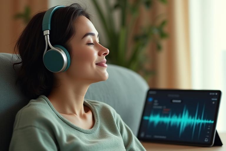 Person using headphones, eyes closed, listening to a guided meditation in a serene home environment.