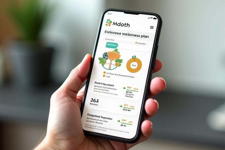 Illustration of a mobile app screen showing a personalized wellness plan preview with charts and action items.