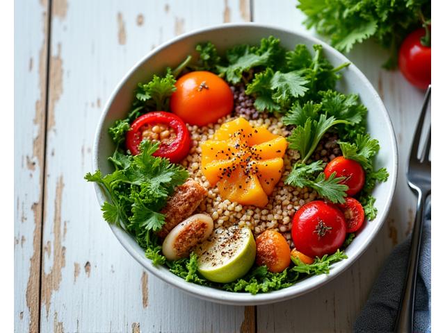 A vibrant bowl of fresh, healthy food on a rustic wooden table, representing personalized nutrition.