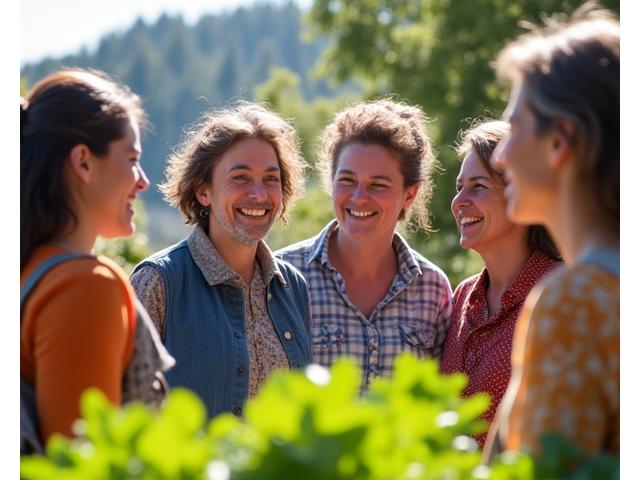 A diverse group of adults laughing and interacting in a community garden, symbolizing social wellness and community engagement.