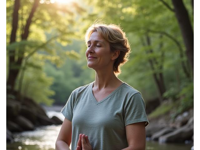A person meditating in a peaceful, natural setting, depicting stress resilience techniques.