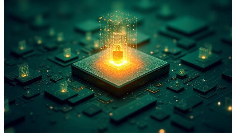 Digital illustration showcasing layers of cybersecurity protection around abstract data, including a padlock, firewall, and encrypted network lines, with a calm and secure aesthetic.