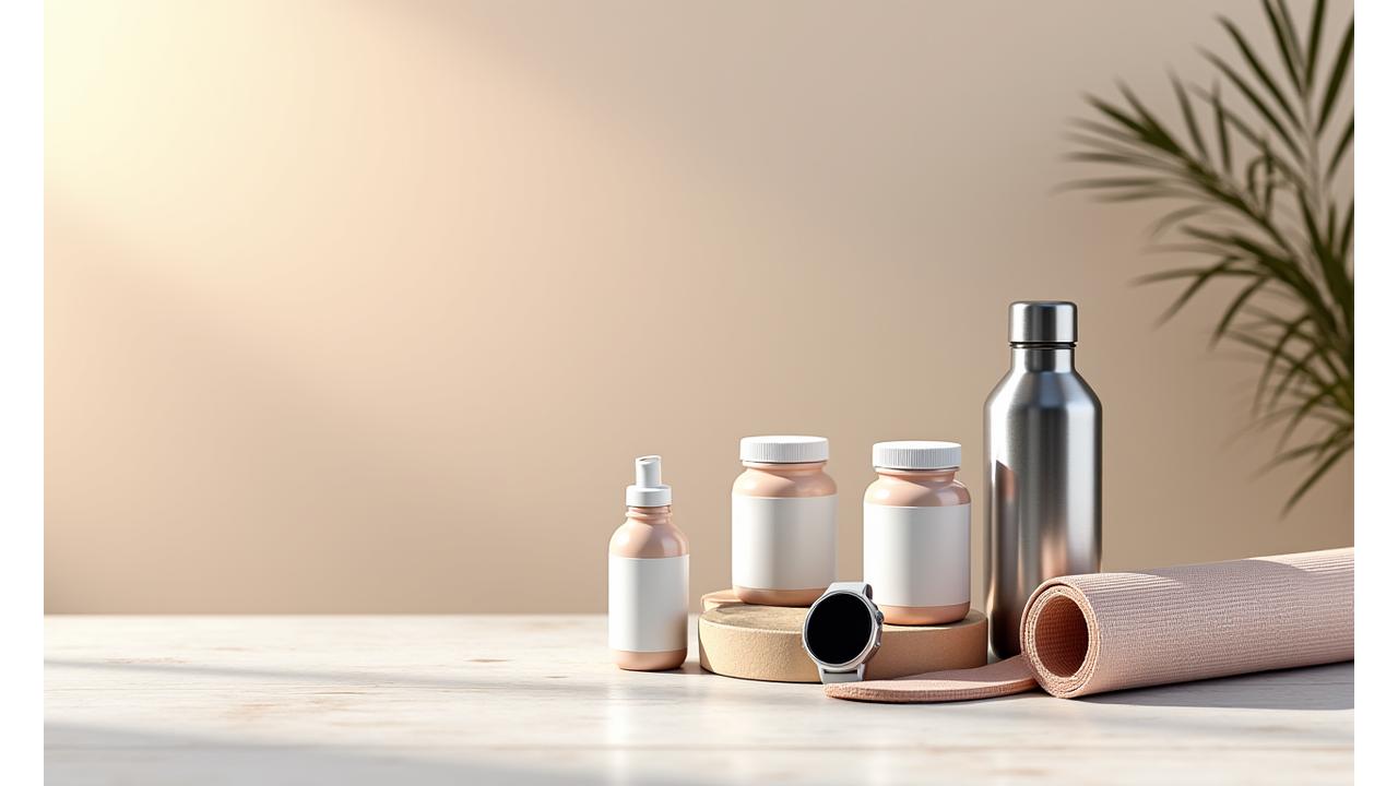 Assortment of modern wellness products like a smart watch, various supplement bottles, a resistance band, and a water bottle, artfully arranged on a clean, light surface with a subtle green accent, representing trusted Boulder wellness products.