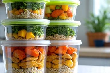 Vibrant, healthy meal prep containers neatly stacked with fresh, colorful ingredients like quinoa, grilled chicken, and various vegetables, suggesting organization and nutritious eating.