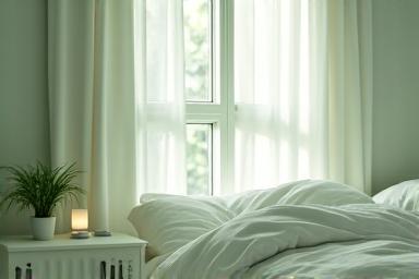 Tranquil bedroom scene with soft, diffused lighting. A comfortable bed with crisp, inviting linens, and a subtle sleep aid device or smart lighting system on a bedside table, promoting restful sleep.
