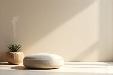 Minimalist scene featuring a meditation cushion, perhaps a small plant or aromatherapy diffuser, and soft, warm lighting, evoking a sense of calm and stress reduction.