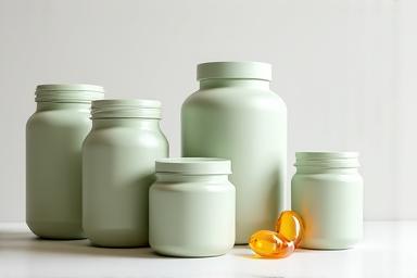 Assortment of modern, clean supplement bottles with clear labels, arranged on a light background, conveying purity and scientific backing.