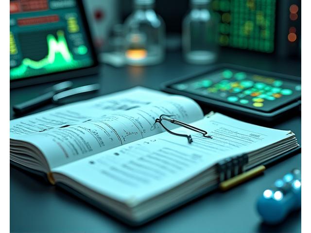 Conceptual image illustrating a meticulous scientific review process with data charts, magnifying glass over ingredients, and a laptop displaying research, set in a clean, professional lab environment.
